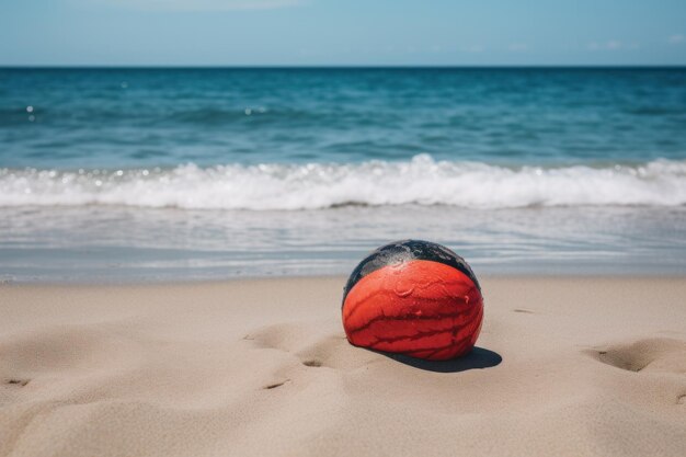 A red and black beach ball on a sandy beach with the ocean in the background.