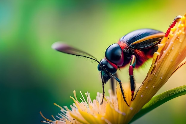 A red and black bee sits on a flower.