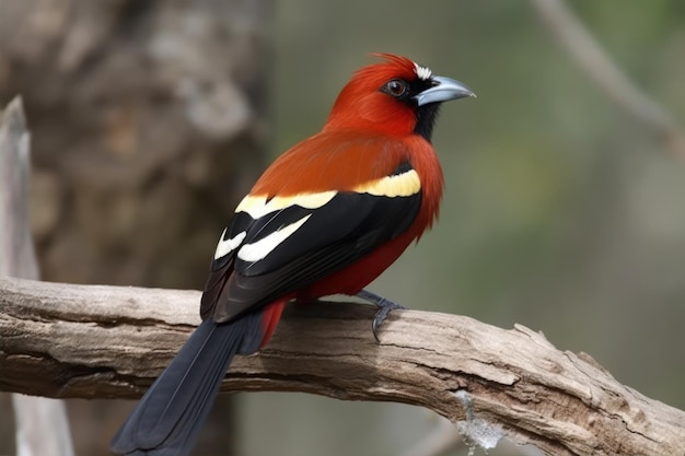 A red and black bird with a black tail sits on a branch.