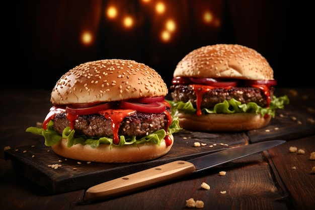 Red and black bun hamburgers with knives on the wooden table