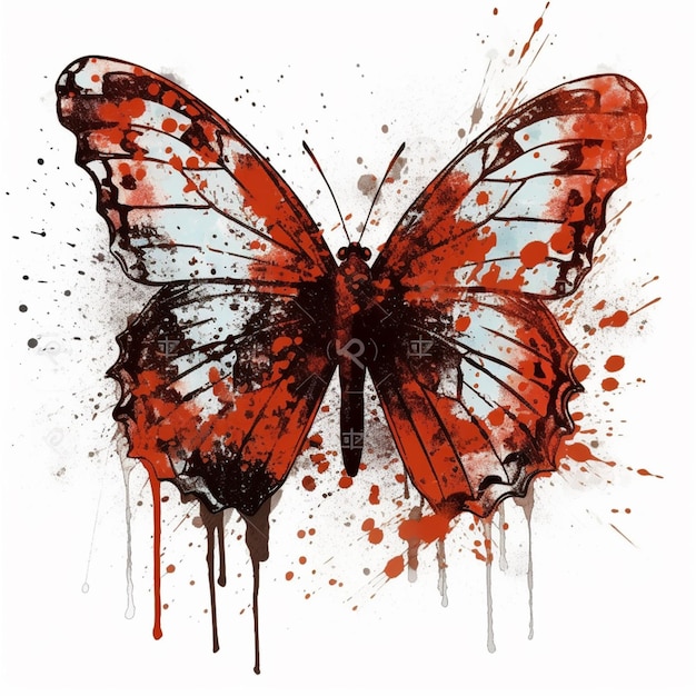 A red and black butterfly is painted on a white background.