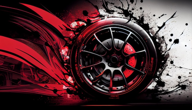 Photo a red and black car wheel with a black background and a red and black paint splatter.