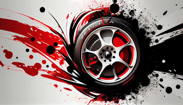 A red and black car wheel with a black and white background and blots.