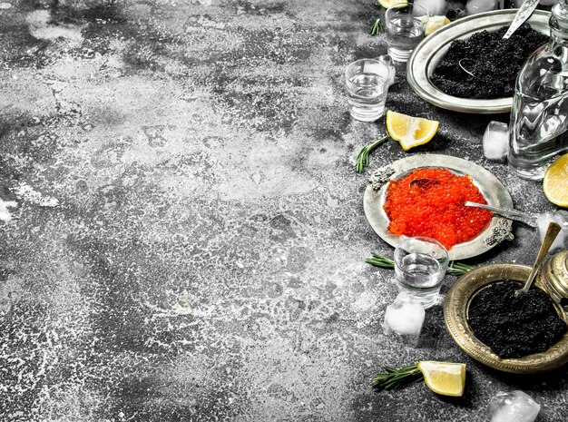 Red and black caviar with lemon. On rustic background .