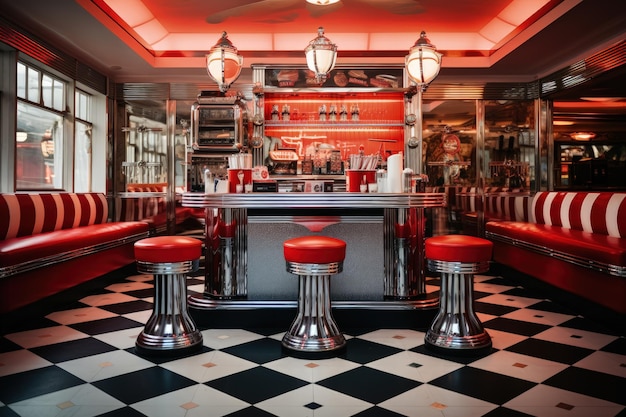 A red and black checkered floor with red stools