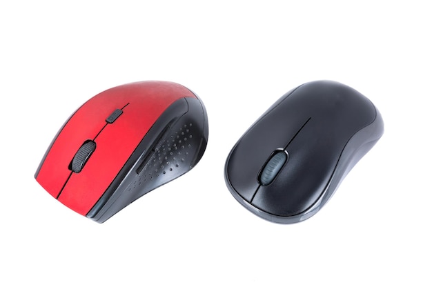 Red and black computer mouse on a white background