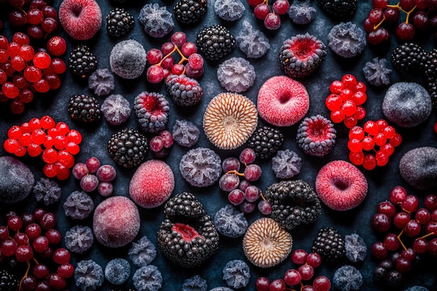 Red and black currants and frozen mixed berries in close up as food backdrop