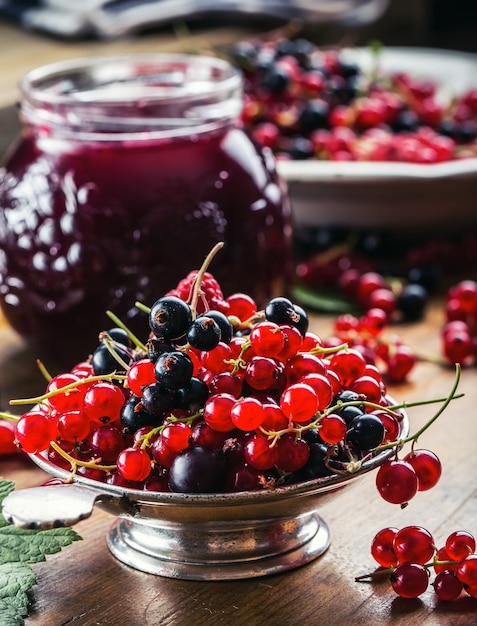 Red and black currants jam with fresh red currant