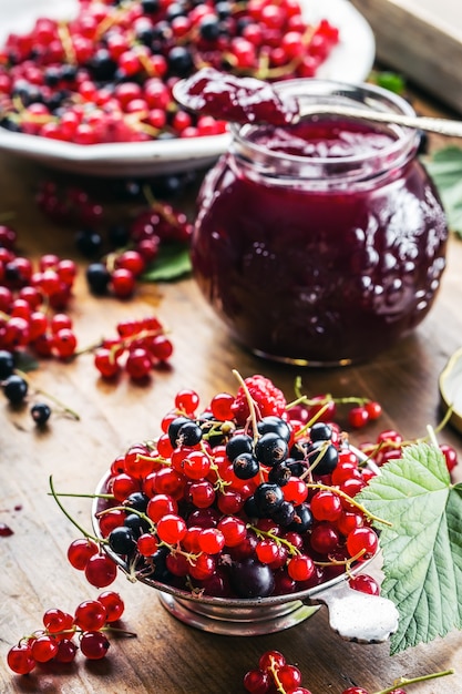 Red and black currants jam with fresh red currant