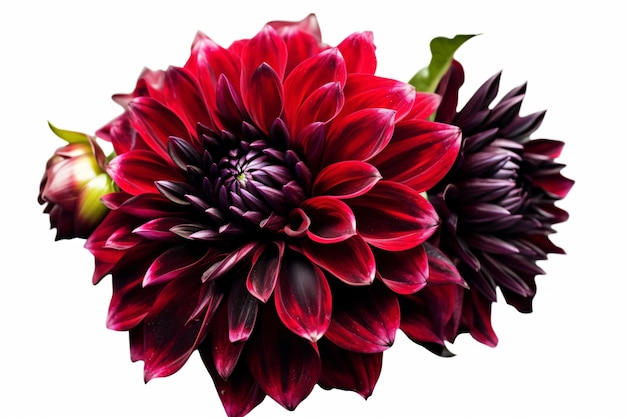 A red and black dahlia flower with a green leaf on the left side.