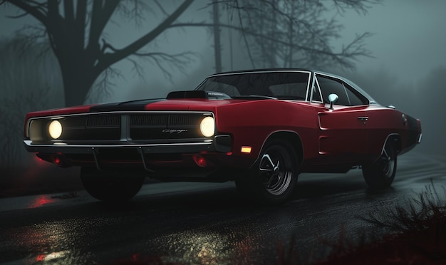 A red and black Dodge at night