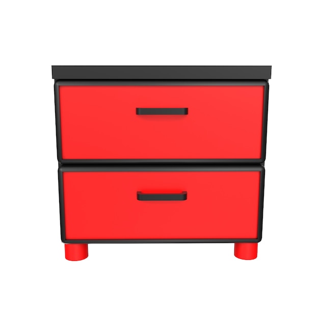 Photo a red and black dresser with a black top and black handles.