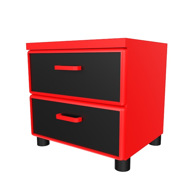 A red and black dresser with two drawers in a white background.