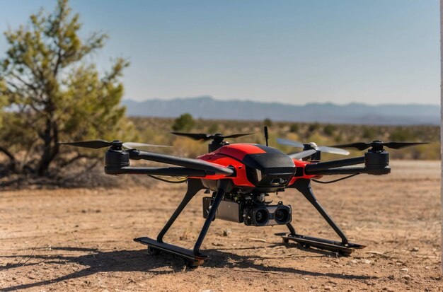 Red and black drone in a desert landscape