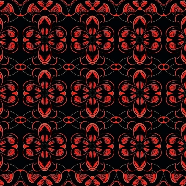 a red and black floral pattern on a black background generative ai