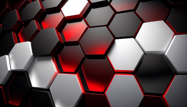 A red and black hexagon background with a red light.