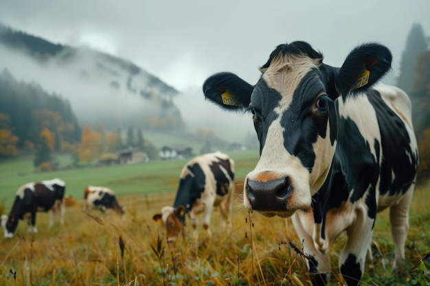 Red and black Holstein cows are grazing on a cold autumn morning on a meadow in Switzerland