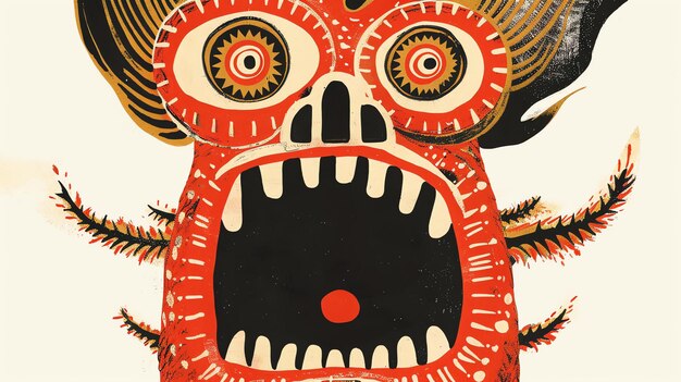 A red and black illustration of a monster with large eyes sharp teeth and a gaping mouth The monster is surrounded by a white background