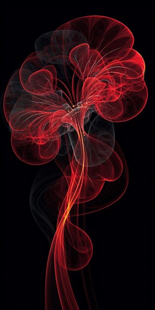 Foto un'immagine rossa e nera di un fiore con dietro una scia di fumo.