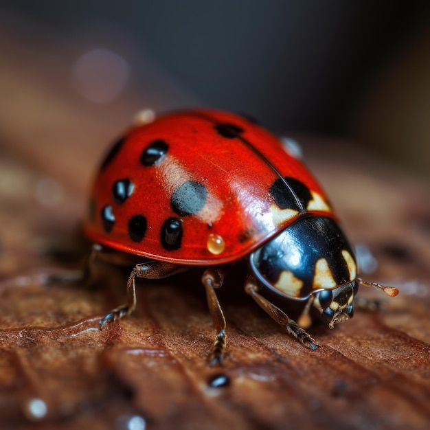 A red and black ladybug sits on a piece of wood.