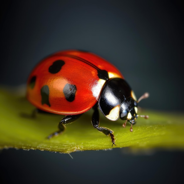 A red and black ladybug with black dots on its back sits on a green leaf.