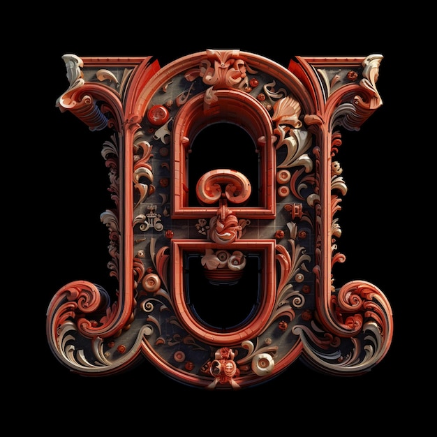 A red and black letter h with swirls and swirls