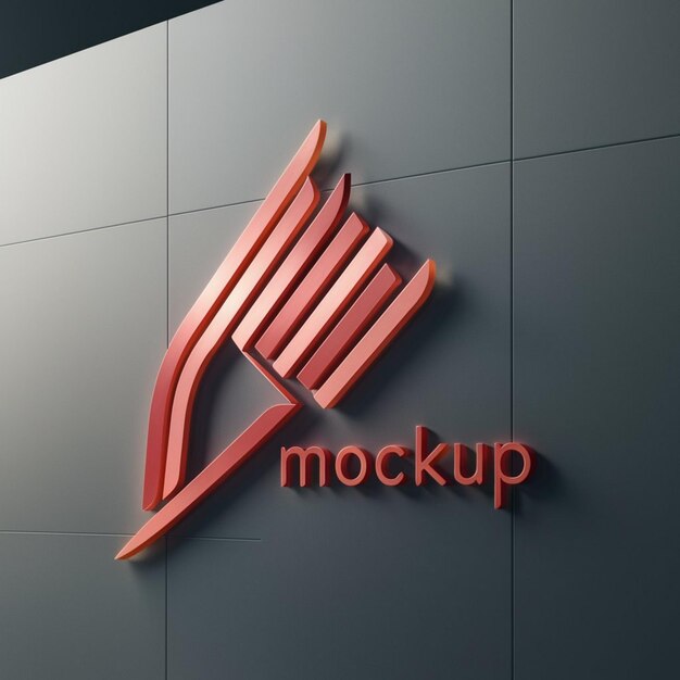 a red and black logo on a grey wall