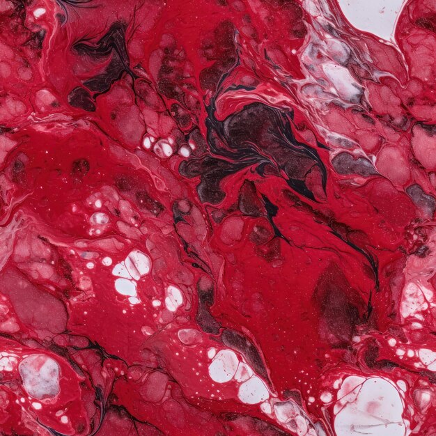 A red and black painting with white swirls and red paint.