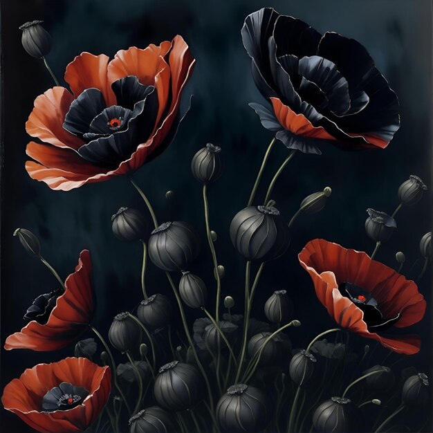 Photo red and black poppies watercolor ornament for fabric and packaging design generative ai
