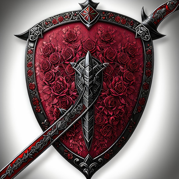 A red and black shield with a sword in the middle.