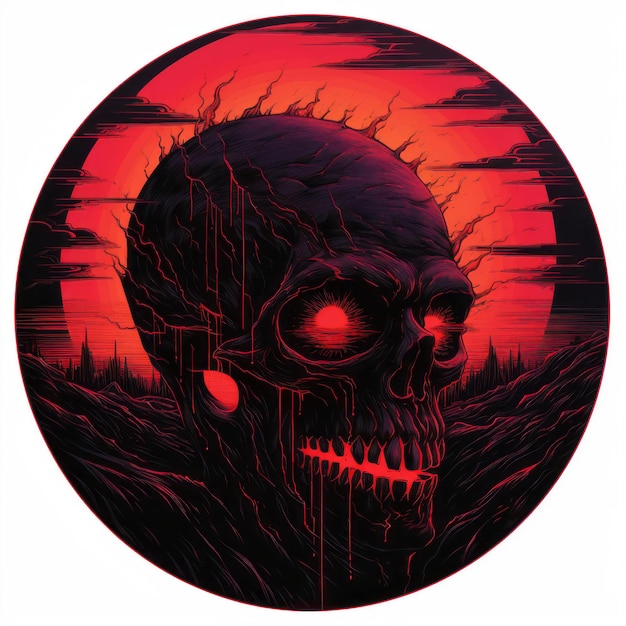a red and black skull with glowing eyes in the middle of a circle