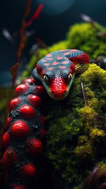 a red and black snake with red spots on its head