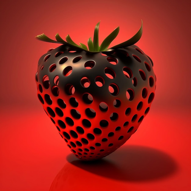 A red and black strawberry with holes in the middle.