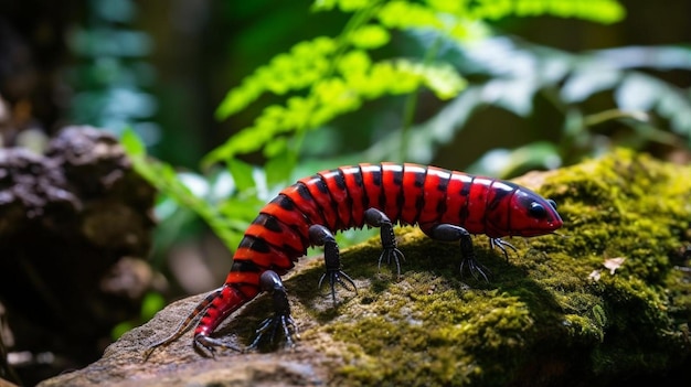 a red and black striped lizard sitting on a rock