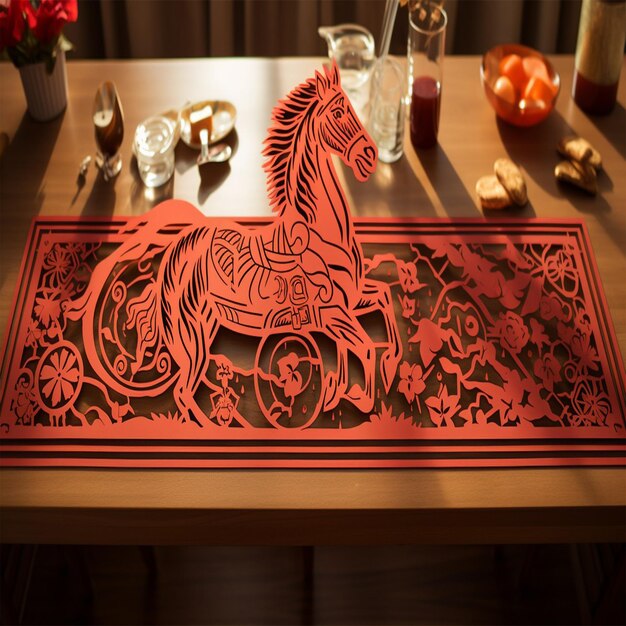 a red and black table with a horse on it and a red and black mat on it