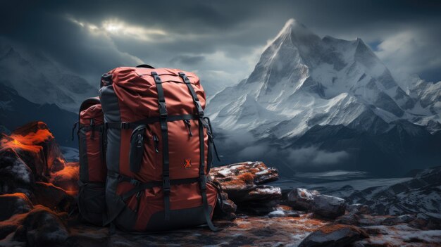 Foto un rosso nero era caricato con bagagli con sci e tende sulla parte superiore circostante logo sfocato 2k ad alta risoluzione