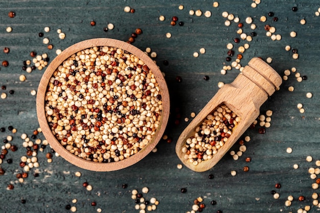 Red black and white quinoa seeds healthy and gluten free food\
banner menu recipe top view