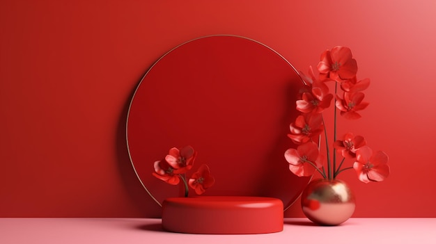 Red blank podium with flowers on pink background product presentation stage