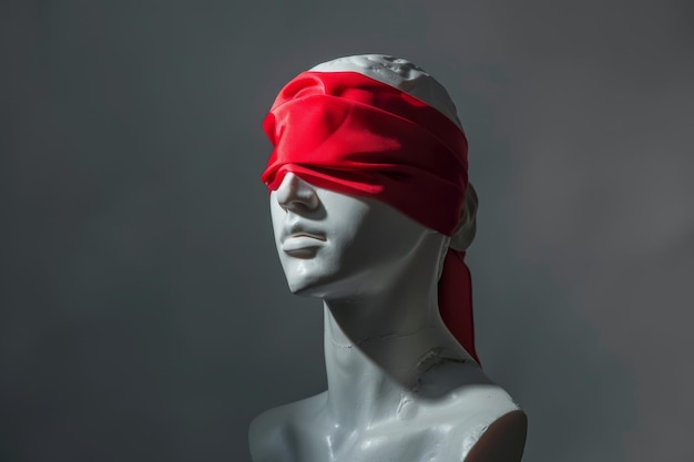 Red blindfold on a mannequin head depicting concepts of perception