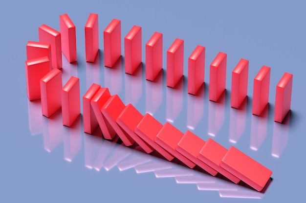 Foto i blocchi rossi del domino stanno spingendo. concetto di tendenze e problemi. rendering 3d