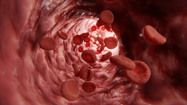 Red blood cell body erythrocyte saturation of the human body with oxygen Movement of erythrocyte cells through the capillaries Oxygen transfer from hemoglobin to myoglobin 3d render