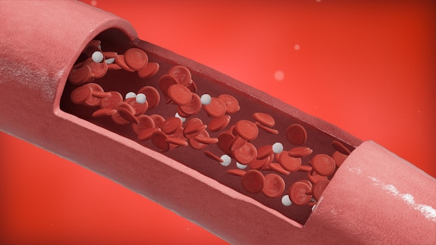 Red blood cells erythrocytes with leukocytes flow inside an artery cross section artery view