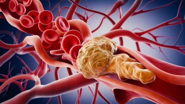 Red blood cells leak into the arteries or veins through the cholesterol plaque 3d illustration