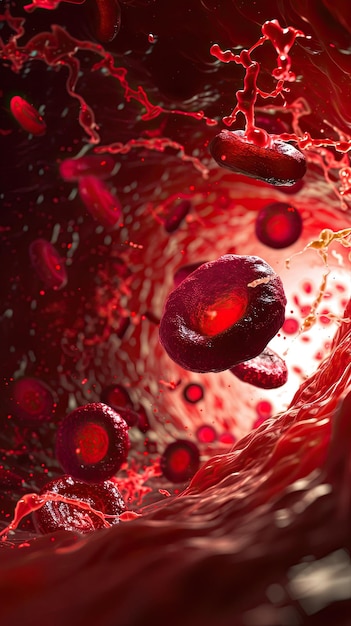 Photo red blood cells move through a blood vessel