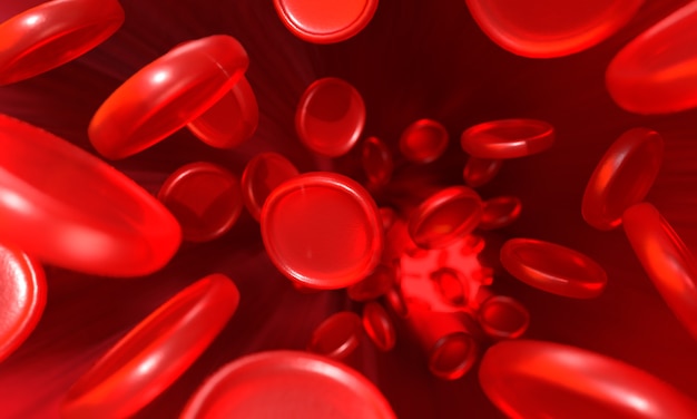 Red blood cells passing through the inside of a vein Interior of the human body 3d render