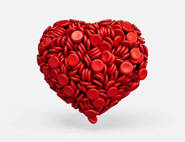 Red blood cells in Shape of heart isolated on White Background 3d illustration