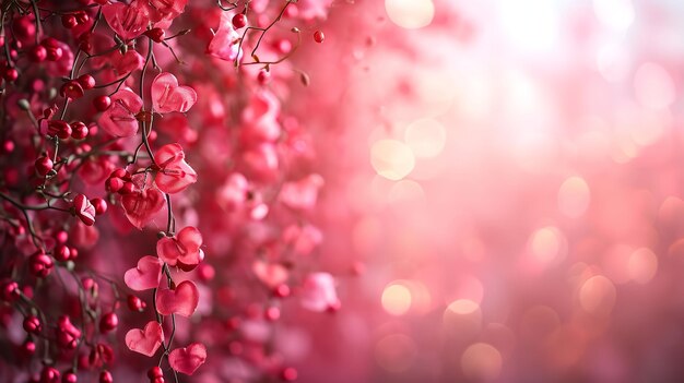 A red bloom on a branch against a light red and pink blurred effect backdrop space generative ai