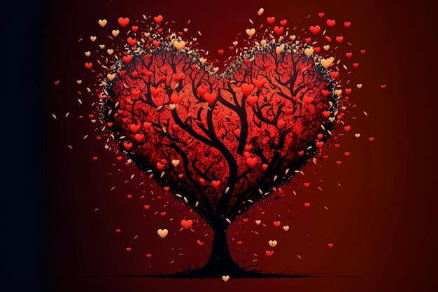 Red blossom tree in heart shape with happiness valentine tree\
for decoration romantic concept