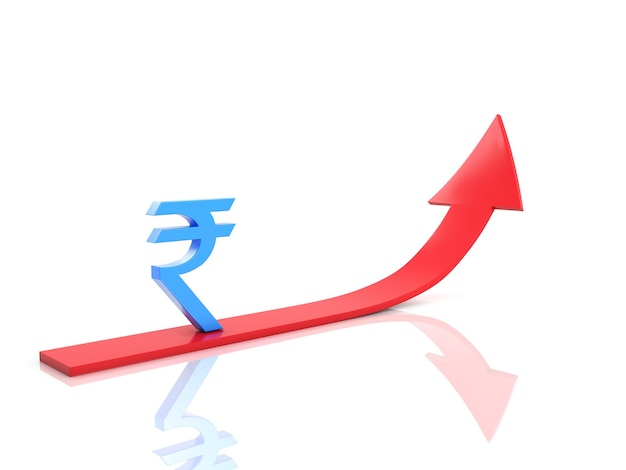 Photo a red and blue arrow with the word rupee on it