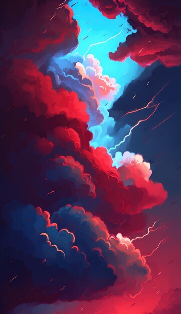 Red and blue background hand drawn cloudsin